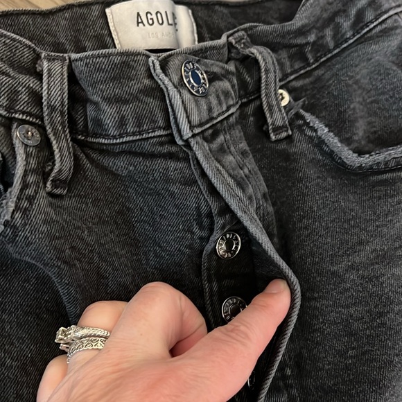 AGOLDE RILEY STRAIGHT LEG CROPPED HIGH RISE RAW HEM BLACK JEANS 26 - Picture 9 of 16